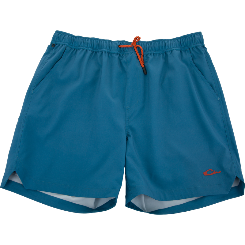 Lake Shore Dock Short with elastic waistband, orange drawstring, side pockets, and DWR finish, ideal for water activities and outdoor comfort.