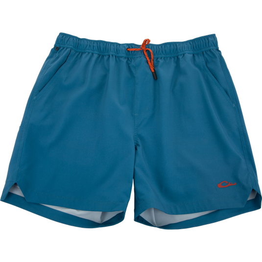 Lake Shore Dock Short with elastic waistband, orange drawstring, side pockets, and DWR finish, ideal for water activities and outdoor comfort.