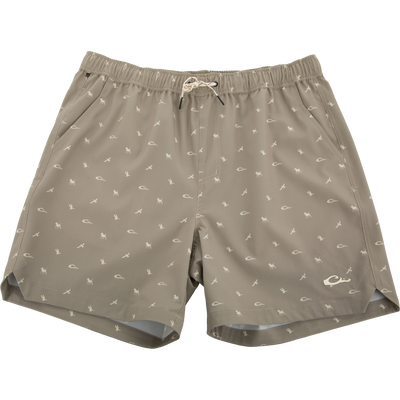 Lake Shore Dock Short with elastic waistband, drawstring, micro-print design, mesh-lined front pockets, and zippered side pocket, ideal for water activities and outdoor comfort.