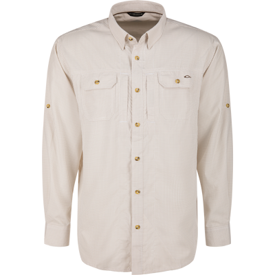 Wingshooter Trey Shirt featuring a brown grid-check pattern, dual flap-pocket chests, roll-up sleeves, and vented back, ideal for outdoor comfort and performance.