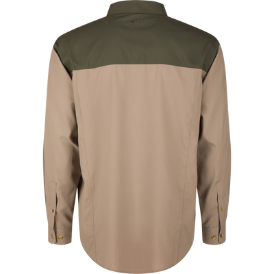 Rear view of the Wingshooter Trey Shirt, featuring a vented back, olive yoke, tan sleeves, and button cuffs, designed for comfort and performance in warm conditions.