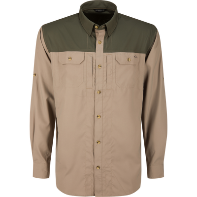 Wingshooter Trey Shirt with olive yoke and tan body, featuring dual chest pockets, adjustable roll-up sleeves, and vented back for breathability and outdoor performance.