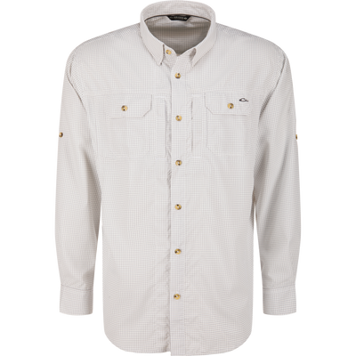 Wingshooter Trey Shirt with light grid pattern, roll-tab sleeves, dual flap pockets, and contrasting buttons, designed for comfort and performance in warm conditions.