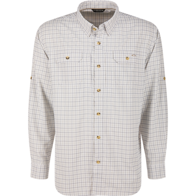 Wingshooter Trey Shirt, a lightweight, long-sleeve button-down with plaid pattern, features dual chest pockets, roll-up sleeves, and vented back for outdoor comfort.