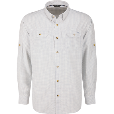 Wingshooter Trey Shirt featuring a blue grid pattern, button-down collar, dual chest pockets, and tortoise-style buttons, designed for comfort and performance in warm conditions.