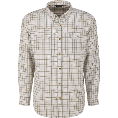 Wingshooter Trey Shirt featuring a small plaid pattern, dual chest pockets, and adjustable roll-up sleeves, designed for lightweight comfort and performance in warm outdoor conditions.