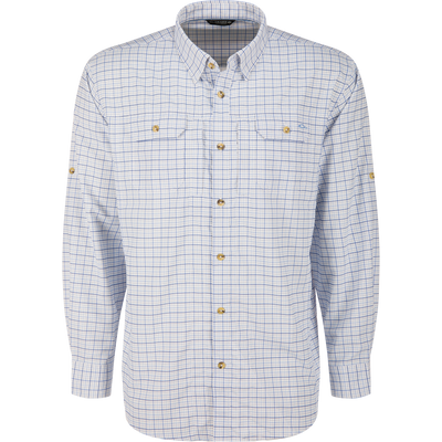 Wingshooter Trey Shirt: Men's long-sleeve, button-down with light blue plaid, featuring dual chest pockets, adjustable roll-up sleeves, and breathable polyester for outdoor comfort and performance.