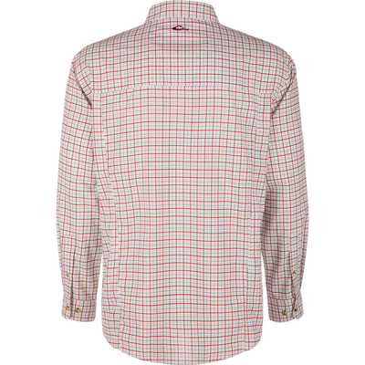 Wingshooter Trey Shirt on mannequin, showcasing back view with fine grid pattern, embroidered logo, box pleat, and adjustable cuffs, highlighting performance features for outdoor activities.