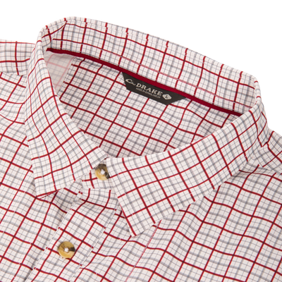 Close-up of the Wingshooter Trey Shirt, a white, red, and gray grid-patterned dress shirt with a collar, button, and deep red interior collar tape.