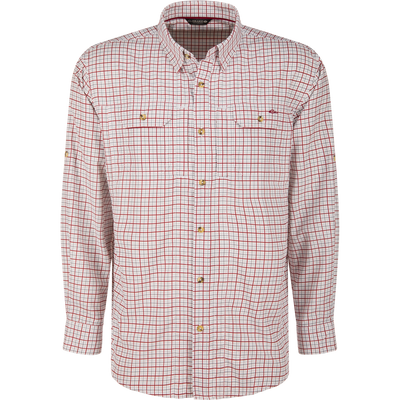 Wingshooter Trey Shirt on mannequin: white with red and gray plaid, long sleeves, chest pockets, pointed collar, adjustable sleeves, designed for breathability and outdoor performance.