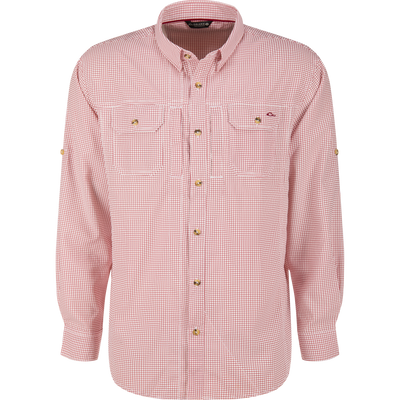 Wingshooter Trey Shirt: men's long-sleeve button-down with red-and-white check pattern, dual chest flap pockets, roll-up sleeves, designed for breathable, moisture-wicking comfort and performance.