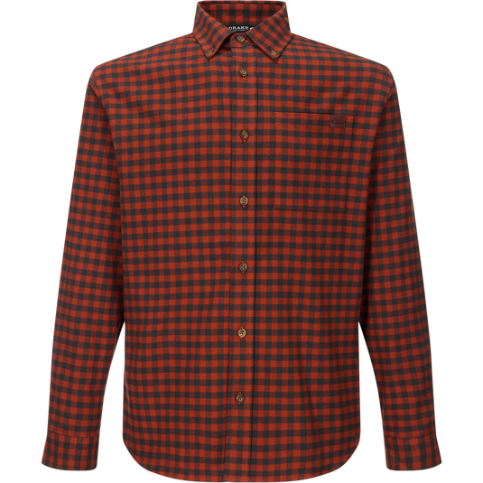 Autumn Flannel Shirt: Long-sleeve, button-up with buffalo plaid pattern, button-down collar, chest pocket, perfect for outdoor lifestyles, crafted from brushed cotton twill with mechanical stretch.
