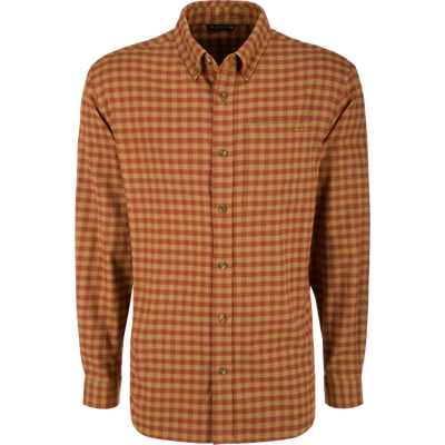 Autumn Flannel Shirt on a mannequin, featuring a button-down collar, chest pocket, and sculpted hem. Ideal for outdoor activities with brushed cotton twill and mechanical stretch.
