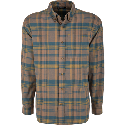 Autumn Flannel Shirt displayed on a mannequin, showcasing its plaid pattern, button-down collar, chest pocket, and sculpted hem, ideal for outdoor activities.
