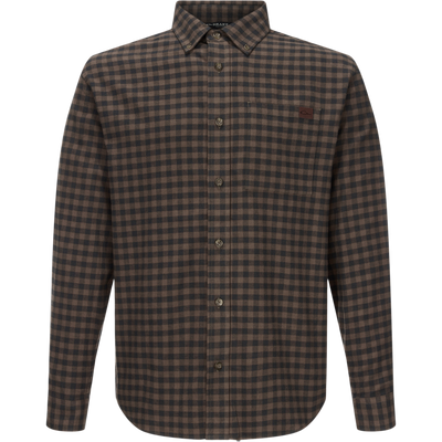 Autumn Flannel Shirt: Men's long-sleeve button-down with small gingham pattern, button-down collar, chest pocket, and sculpted hem, ideal for outdoor wear.