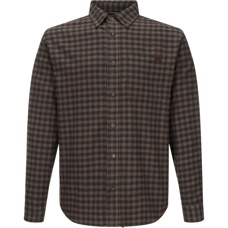 Autumn Flannel Shirt: Men's long-sleeve button-down with small gingham pattern, button-down collar, chest pocket, and sculpted hem, ideal for outdoor wear.