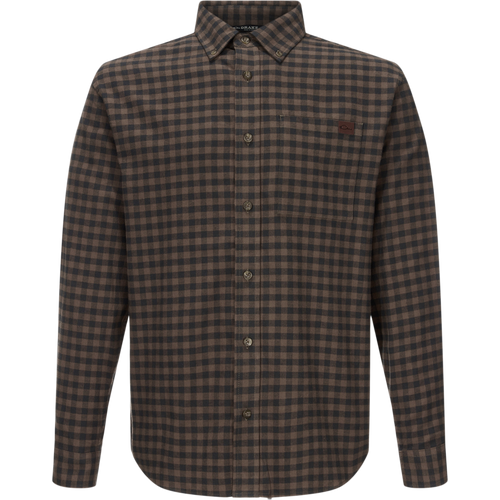 Autumn Flannel Shirt: Men's long-sleeve button-down with small gingham pattern, button-down collar, chest pocket, and sculpted hem, ideal for outdoor wear.