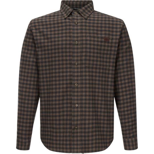 Autumn Flannel Shirt: Men's long-sleeve button-down with small gingham pattern, button-down collar, chest pocket, and sculpted hem, ideal for outdoor wear.