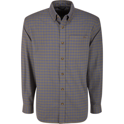 Autumn Flannel Shirt with a small check pattern, button-down collar, chest pocket, wood-tone buttons, and sculpted hem, ideal for outdoor activities.
