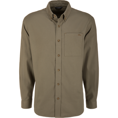 Autumn Flannel Shirt with button-down collar, wooden-tone buttons, and chest pocket on mannequin, designed for outdoor lifestyle with comfortable cotton twill fabric.