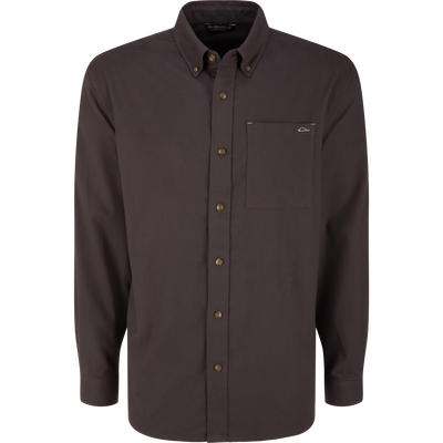 Autumn Flannel Shirt with button-down collar, chest pocket, embroidered logo, and matching buttons, ideal for outdoor activities, offering comfort and flexibility with brushed cotton twill.