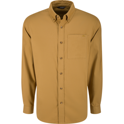 Drake Men's Autumn Flannel Shirt with button-down collar, chest pocket, and sculpted hem, ideal for outdoor activities, crafted from brushed cotton twill with spandex for comfort.
