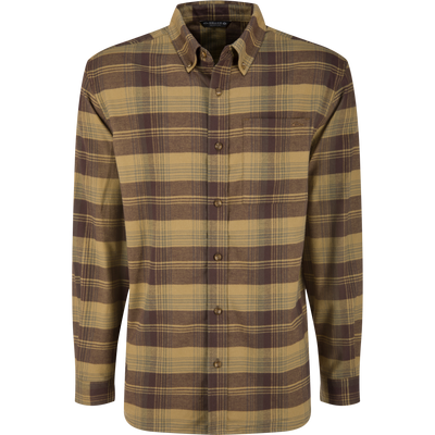 Autumn Flannel Shirt: Men's plaid button-down with button cuffs, chest pocket, and sculpted hem, ideal for outdoor activities, crafted from soft, stretchy cotton twill.