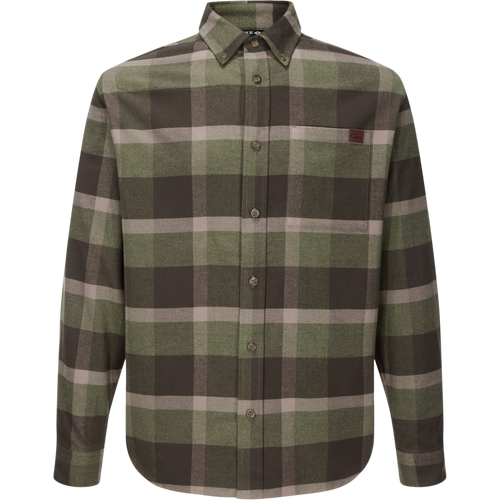Autumn Flannel Shirt with a button-down collar, single chest pocket, and sculpted hem, ideal for outdoor activities with a focus on comfort and mobility.