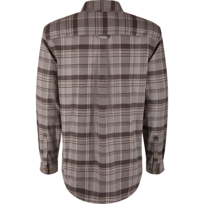 Autumn Flannel Shirt back view, showcasing a soft plaid pattern, yoke, box-pleat, and buttoned cuffs, highlighting its ideal fit for outdoor activities.