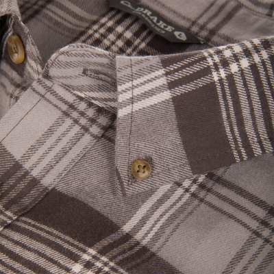 Autumn Flannel Shirt close-up showing plaid pattern, button-down collar, horn-style buttons, and patch pocket, highlighting its brushed cotton twill fabric and functional design.