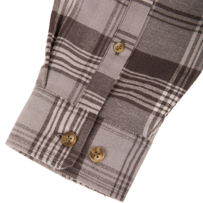 Close-up of Drake Men's Autumn Flannel Shirt sleeve, showcasing grey-brown plaid pattern, tortoiseshell buttons, and tailored cuff, ideal for outdoor and casual wear.
