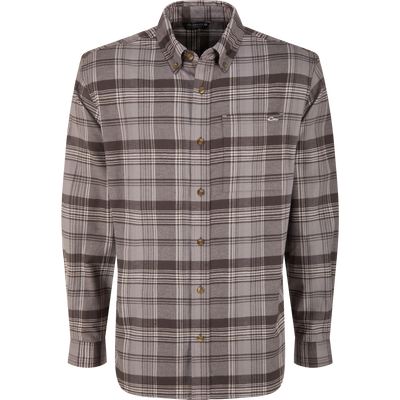 Autumn Flannel Shirt: Long-sleeve plaid button-down with button-down collar, chest pocket, and wooden-tone buttons, ideal for outdoor activities and versatile wear.