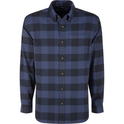 Autumn Flannel Shirt with navy and black buffalo check pattern, button-down collar, single chest pocket, and wood-toned buttons, ideal for outdoor activities.