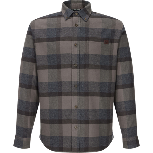 Autumn Flannel Shirt: Long-sleeve plaid shirt with button-down collar, chest pocket, and sculpted hem, ideal for versatile outdoor wear.