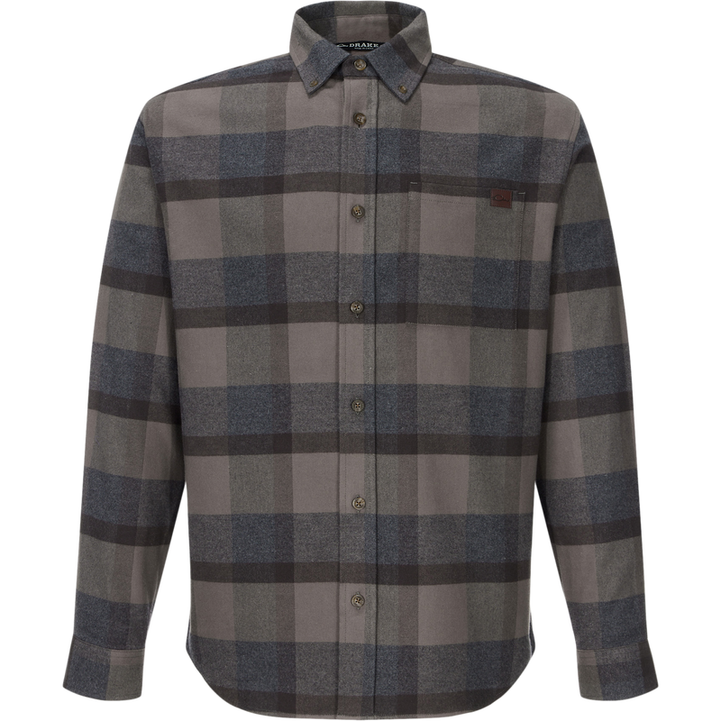 Autumn Flannel Shirt: Long-sleeve plaid shirt with button-down collar, chest pocket, and sculpted hem, ideal for versatile outdoor wear.