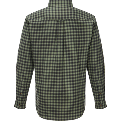 Back view of the Autumn Flannel Shirt, showcasing a green-black checkered pattern, straight yoke, box pleat, classic collar, and buttoned cuffs for versatile outdoor wear.
