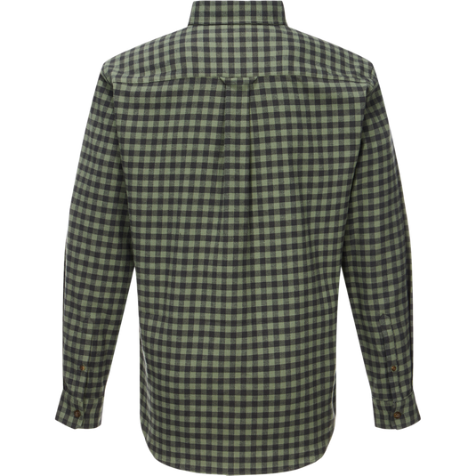 Back view of the Autumn Flannel Shirt, showcasing a green-black checkered pattern, straight yoke, box pleat, classic collar, and buttoned cuffs for versatile outdoor wear.