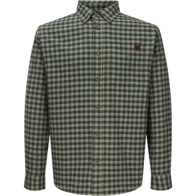 Autumn Flannel Shirt featuring a green and black check pattern, button-down collar, chest pocket, and sculpted hem, ideal for outdoor activities.