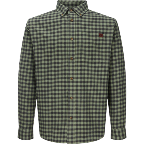 Autumn Flannel Shirt featuring a green and black check pattern, button-down collar, chest pocket, and sculpted hem, ideal for outdoor activities.