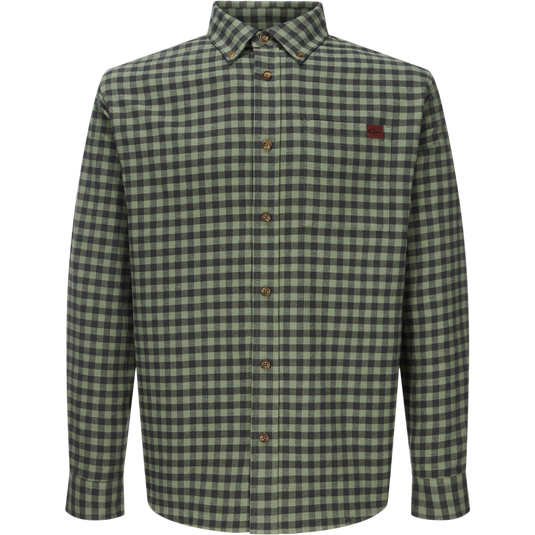 Autumn Flannel Shirt featuring a green and black check pattern, button-down collar, chest pocket, and sculpted hem, ideal for outdoor activities.
