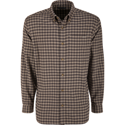 Autumn Flannel Shirt on mannequin, showcasing a brown plaid pattern. Features include button-down collar, patch pocket, and sculpted hem for versatile wear. Made from brushed cotton twill.