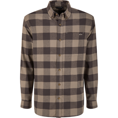 Autumn Flannel Shirt with buffalo-check pattern, button-down collar, chest pocket, and sculpted hem, designed for comfort and ease during outdoor activities.