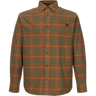 Autumn Flannel Shirt with orange-green plaid, button-front, point collar, single chest pocket, sculpted hem; ideal for outdoor activities.
