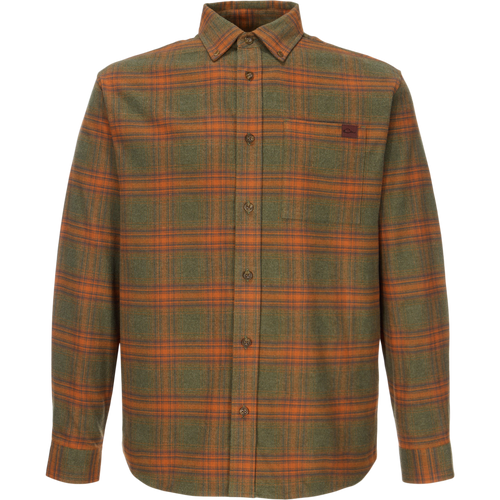 Autumn Flannel Shirt with orange-green plaid, button-front, point collar, single chest pocket, sculpted hem; ideal for outdoor activities.
