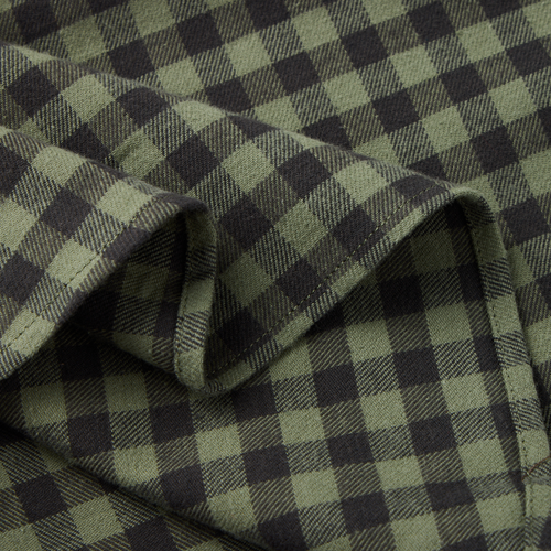 Drake Men's Autumn Flannel Shirt in green and black checkered fabric, showcasing the weave and stitching, ideal for versatile outdoor wear with added stretch.
