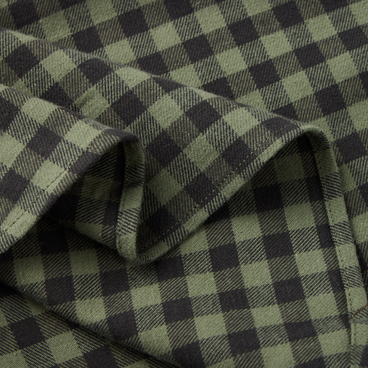 Drake Men's Autumn Flannel Shirt in green and black checkered fabric, showcasing the weave and stitching, ideal for versatile outdoor wear with added stretch.