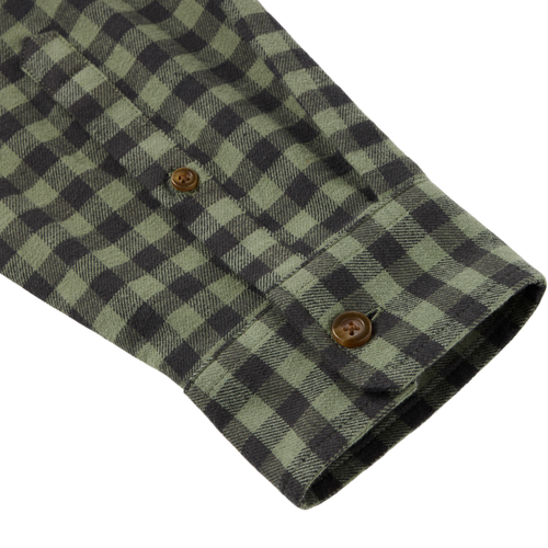 Close-up of the Autumn Flannel Shirt sleeve, highlighting the green-and-black checkered pattern, brown buttons, and brushed cotton twill texture with spandex for flexibility.