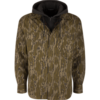 The Campfire Flannel Hoodie in Mossy Oak Original Bottomland features a camo-print button-down shirt with a dark gray hooded inner layer.