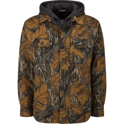 The Campfire Flannel Hoodie featuring a Mossy Oak Fall Foliage autumn leaf and wood grain camouflage pattern, with a grey hooded insert and front chest pockets.