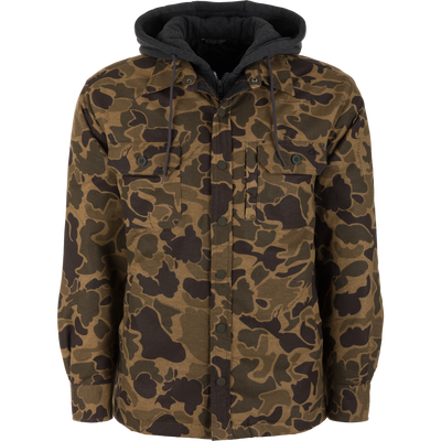 The Campfire Flannel Hoodie in Old School Sport features a brown and black camouflage pattern, long sleeves, and a gray hooded liner with a drawstring.